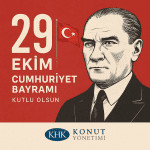 KHK Konut Yönetimi tarafından hazırlanan 29 Ekim Cumhuriyet Bayramı kutlama görseli. Atatürk portresi, Türk bayrağı ve kutlama mesajı içermektedir.