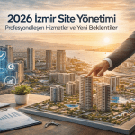 İzmir’de 2026 yılına yönelik profesyonel site yönetimi konsepti; modern konut projeleri, dijital yönetim sistemleri ve kurumsal site yönetimi yaklaşımını temsil eden görsel.