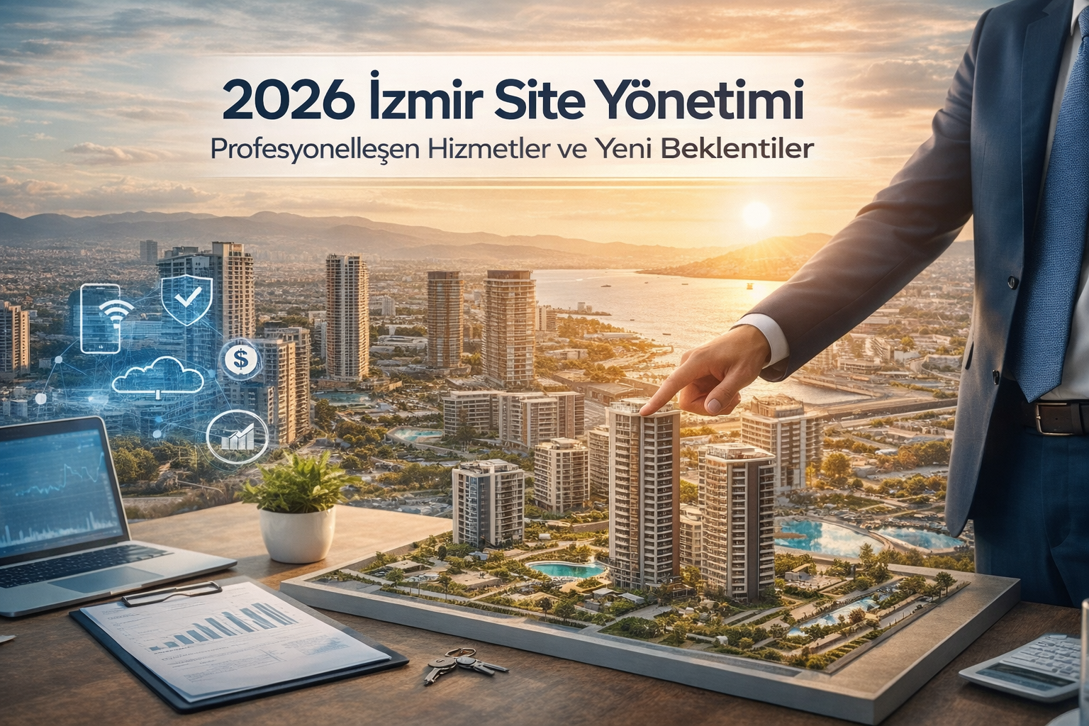 İzmir’de 2026 yılına yönelik profesyonel site yönetimi konsepti; modern konut projeleri, dijital yönetim sistemleri ve kurumsal site yönetimi yaklaşımını temsil eden görsel.